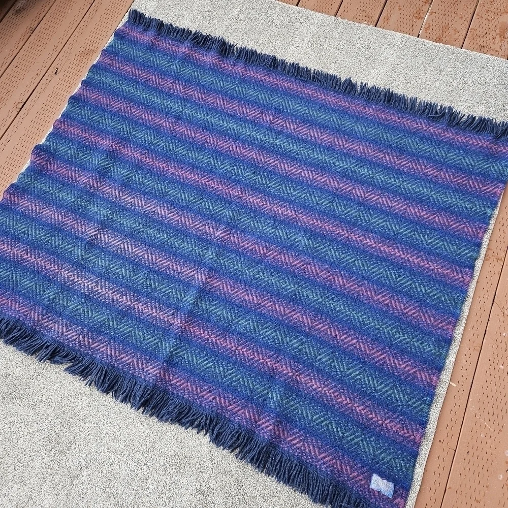 Vintage Pendleton 100% Wool Stadium Blanket Jewel Tones Fringe Throw 54x46